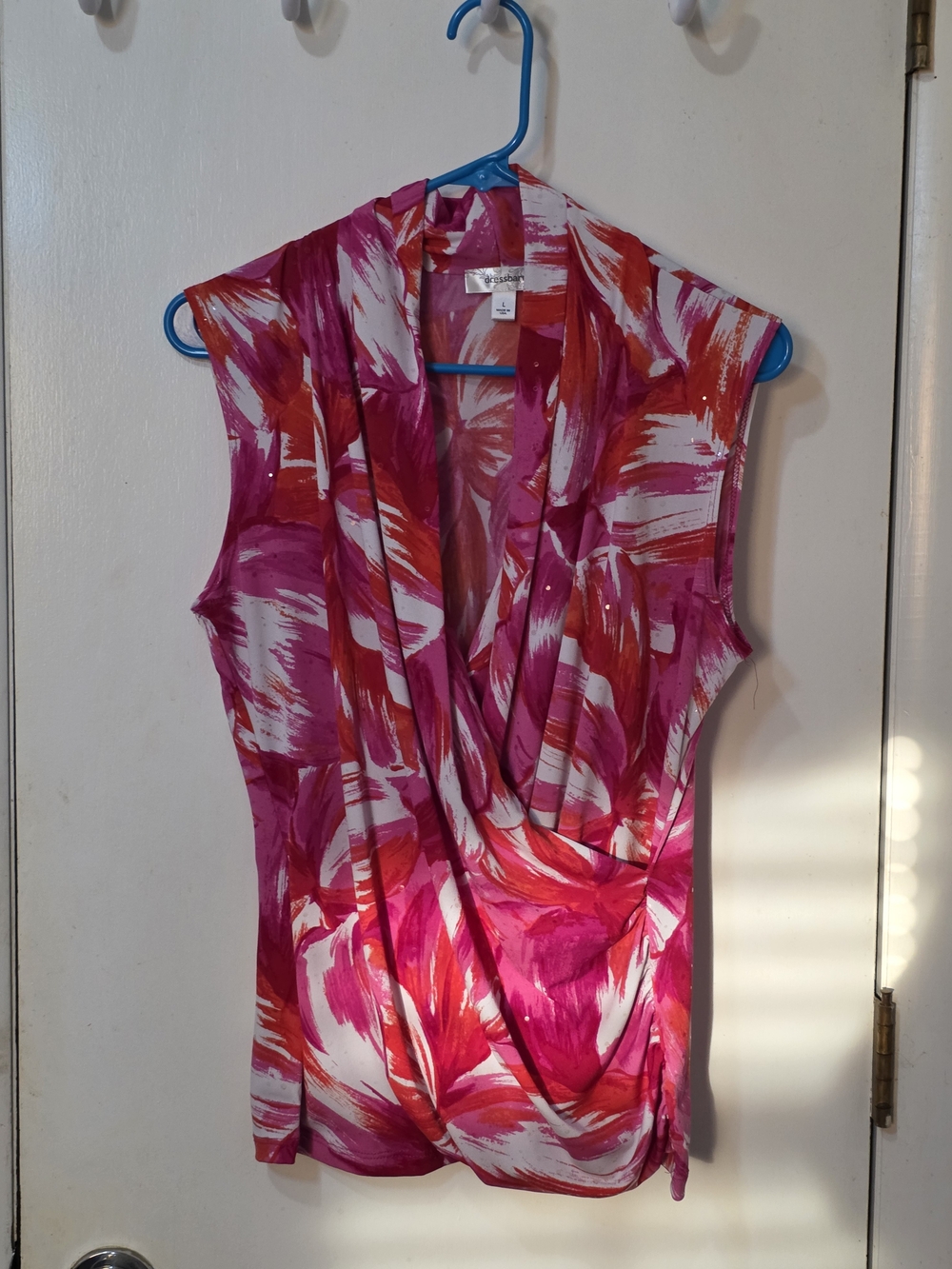 Dressbarn Pink, White & Red Draped Surplice Sleeveless Top- Size L